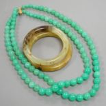 A double strand chrysoprase bead necklace with 750 yellow metal clasp, 50cm and two bowenite