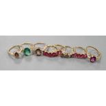 Seven assorted modern 9ct gold and gem set dress rings, including rubellite and a 14ct gold and