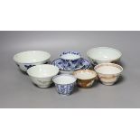 A collection of seven various 18th century and later Chinese tea and rice bowls and two saucers, a
