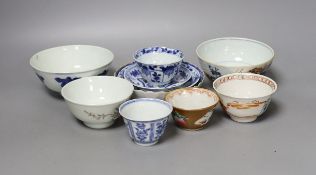 A collection of seven various 18th century and later Chinese tea and rice bowls and two saucers, a