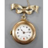 A lady's 9ct 'Dreadnought' fob watch, on a 9ct gold suspension brooch, gross weight 18.5 grams.