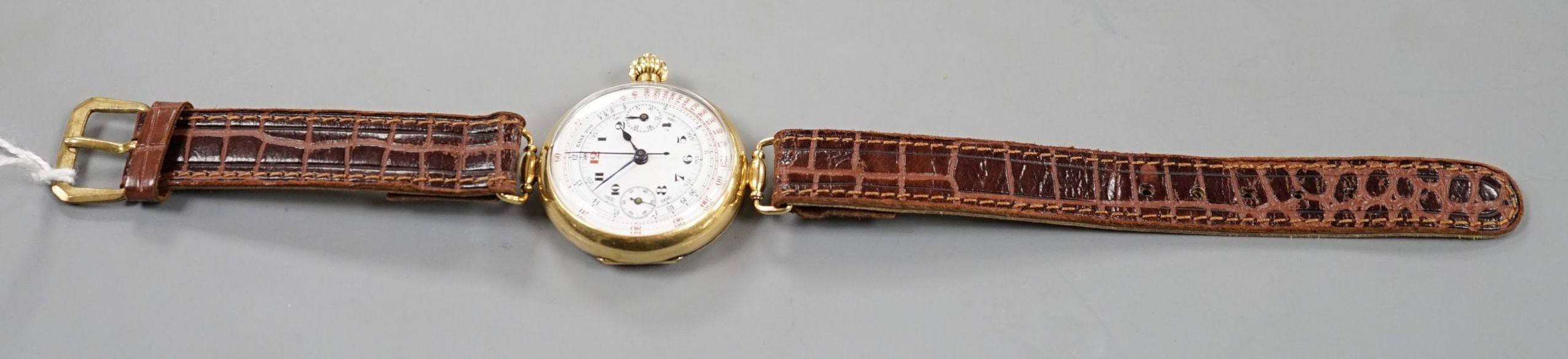 A gentleman's early 20th century 18k single button chronograph manual wind wrist watch, with - Image 3 of 3