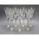 Seven Waterford Millennium collection cut glass wine flutes - 23.5cm tall