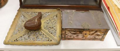 A Meerschaum pipe, a copper casket and brass stand,