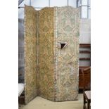 A Spanish painted leather three fold dressing screen, each panel width 60cm, height 237cm