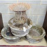 A set of three circular reconstituted stone garden planters, diameter 46cm, together with a metal