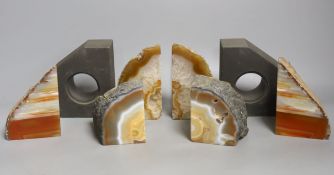 Three pairs of agate geode and a pair of slate bookends,tallest 14 cms high.