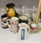 A pair of Dresden candlesticks, various art pottery jugs and a dish and other ceramics