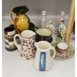 A pair of Dresden candlesticks, various art pottery jugs and a dish and other ceramics