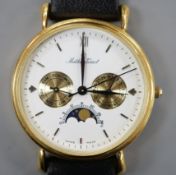 A modern 18k Mathey-Tissot calendar moonphase quartz wrist watch, on a black leather strap, no box