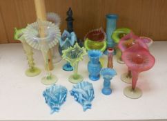 A selection of various art glass including a pair of cranberry pulpit vases, late 19th/early 20th