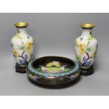 A pair of Chinese cloisonné enamel vases, 25cm tall including stands, together with a Chinese