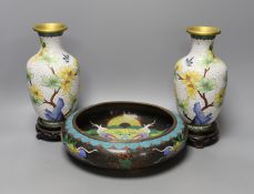 A pair of Chinese cloisonné enamel vases, 25cm tall including stands, together with a Chinese