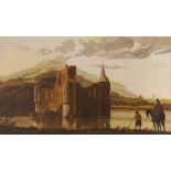 19th century English School, oil on canvas, Flemish landscape with figures overlooking a castle,