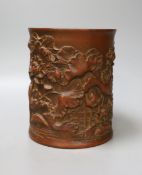 A Chinese carved bamboo brush pot - 15cm tall