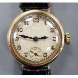 A lady's early to mid 20th century 9cyt gold manual wind wrist watch, on later leather strap,gross