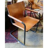 A set of four contemporary tan leather cantilver dining chairs, width 56cm depth 50cm height 79cm