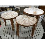 Three Indian circular inlaid hardwood occasional tables, largest diameter 50cm, height 46cm