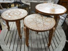 Three Indian circular inlaid hardwood occasional tables, largest diameter 50cm, height 46cm