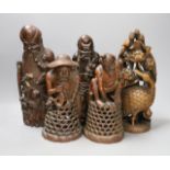 Five Chinese bamboo carvings of fishermen, immortals and a duck, 19th/20th century - tallest 32cm