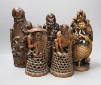 Five Chinese bamboo carvings of fishermen, immortals and a duck, 19th/20th century - tallest 32cm