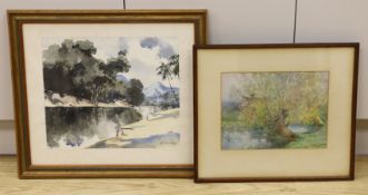 K. Piyadasa, watercolour, Asian river landscape, signed, 34 x 40cm and a watercolour of willow trees