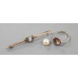 A modern Italian 18ct white gold, cultured pearl and ruby cluster set dress ring (pearl loose and