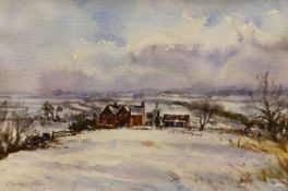 Andrew King ROI (1956-), watercolour, 'Under snow, Hillfoot Farm, Bedfordshire', signed and dated '
