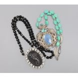 A large 20th century continental white metal, blue quartz and turquoise set drop necklace, 76cm