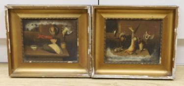 19th century English School, pair of oils on canvas, Studies of game and fish hanging in larders, 19