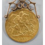 A Victorian gold 1896 half sovereign, now with yellow metal pendant mount,gross4.9 grams.