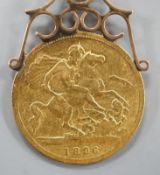 A Victorian gold 1896 half sovereign, now with yellow metal pendant mount,gross4.9 grams.