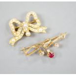 A yellow metal, ruby? and diamond set brooch, 36mm and a modern 9ct gold and split pearl set