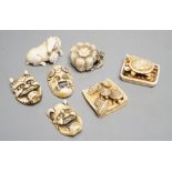 Seven Japanese ivory netsuke- three noh masks, two turtle groups, a ram, pumpkin and rats, Taisho/