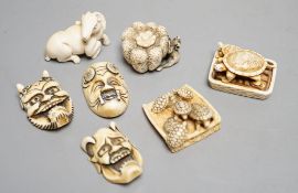 Seven Japanese ivory netsuke- three noh masks, two turtle groups, a ram, pumpkin and rats, Taisho/