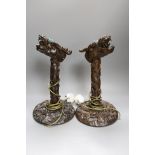 A pair of Chinese carved hongmu dragon lamps - 40cm tall