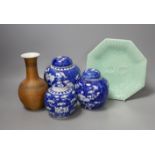 Three Chinese blue and white ginger jars and covers, a celadon plate and bamboo covered vase (5)