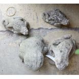 Four reconstituted stone frog garden ornaments, largest height 15cm