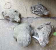 Four reconstituted stone frog garden ornaments, largest height 15cm