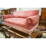 A 19th century Continental upholstered double drop arm settee, length 160cm, depth 74cm, height