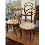 Two early 20th century childs' beach cane seat bentwood chairs and a child's Windsor chair