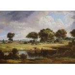 19th century English School, oil on canvas, Cattle watering in a landscape, 50 x 68cm