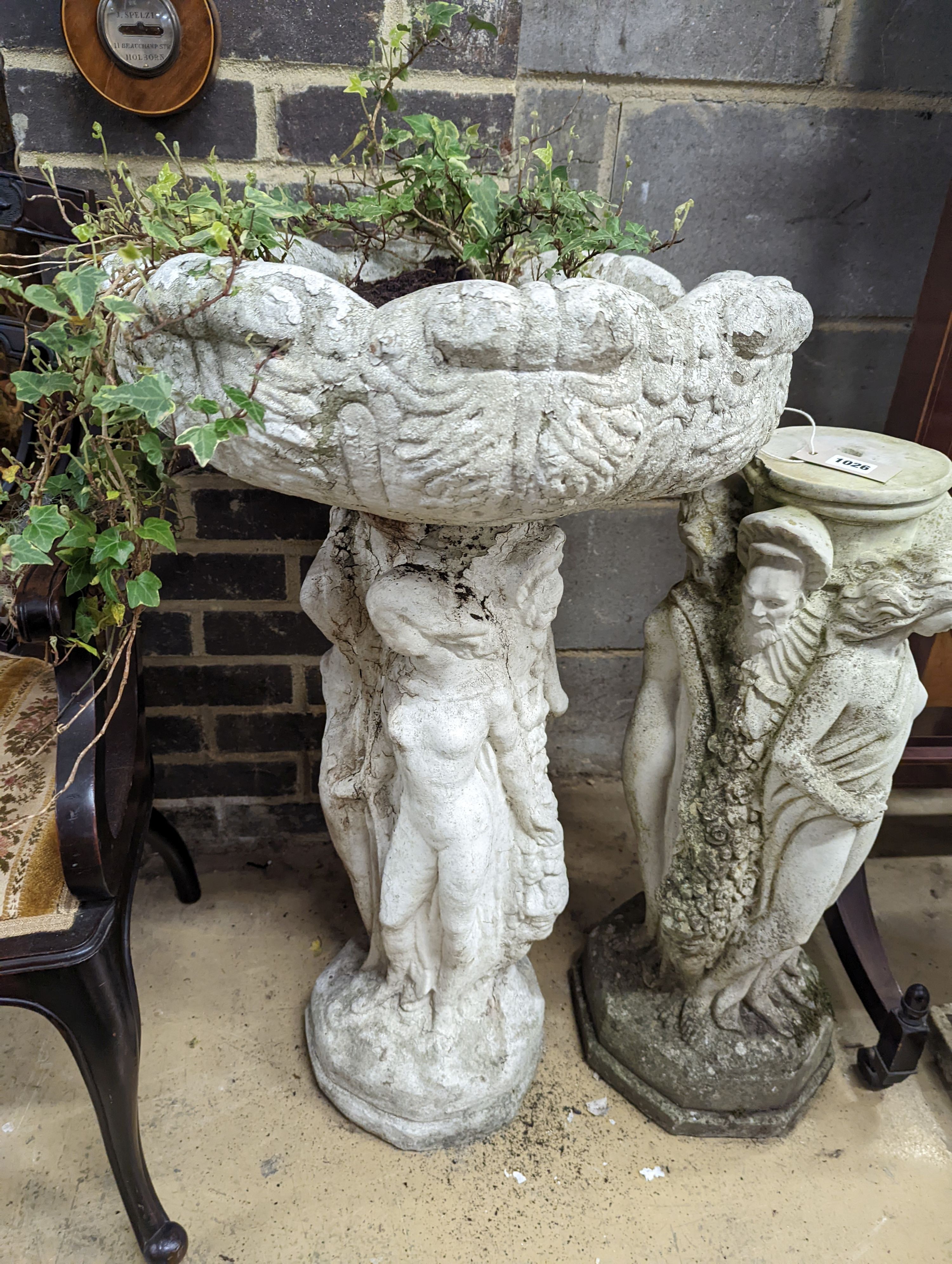 A circular reconstituted stone figural garden planter, diameter 48cm, height 82cm together with - Image 2 of 5