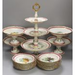A late 19th century Paris porcelain floral part dessert service, with 2 pairs of comports, a three