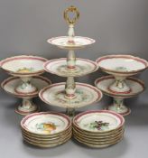 A late 19th century Paris porcelain floral part dessert service, with 2 pairs of comports, a three