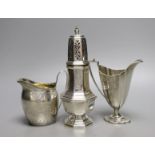 Two silver cream jugs including Victorian and a modern silver sugar caster, 11.5oz.
