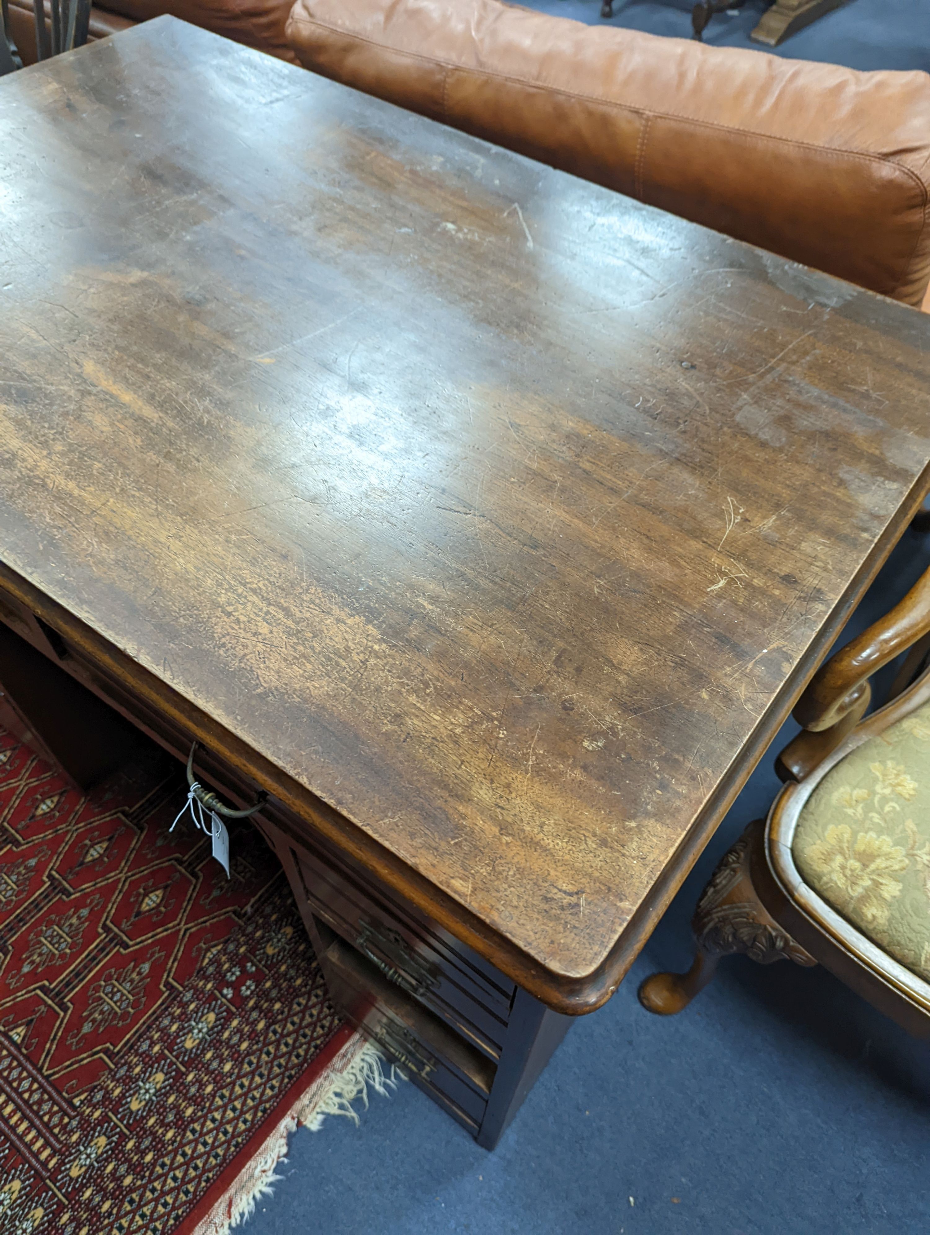 A late Victorian mahogany kneehole desk, length 107cm, height 80cm - Image 2 of 10