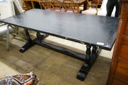 An 18th century style rectangular painted oak refectory dining table, length 229cm, depth 98cm,