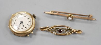 Two early 20th century 9ct and gem set bar brooches and a lady's 9ct manual wind wrist watch, no