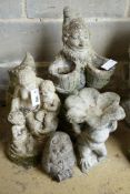 Five reconstituted stone garden ornaments, largest height 55cm